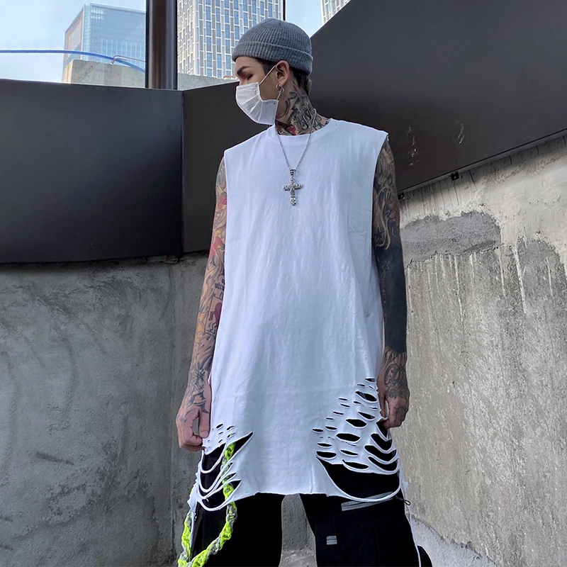 

Abstinence trend loose sleeveless T-shirt men's all-match basic solid color hem hole bottoming vest waistcoat handsome