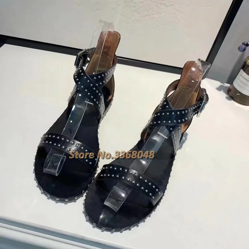 Black Leather Rivet Flat With Sandals Ankle Buckle Round Toe Cover Heel Summer Dress Women Shoes Studded Genuine Leather