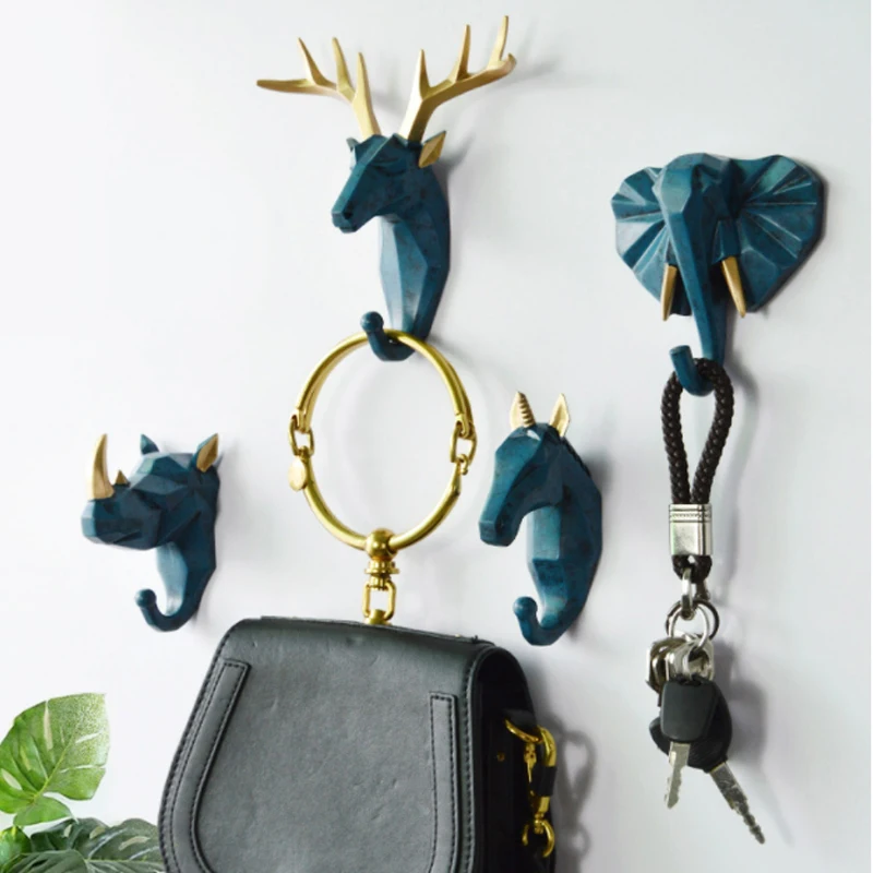 D2 Deer Elephant Resin Key Hook Holder Clothing Animal Head Unicorn Rhinoceros Coat Bag Racks Hook Hanger Cap Home Wall Decor