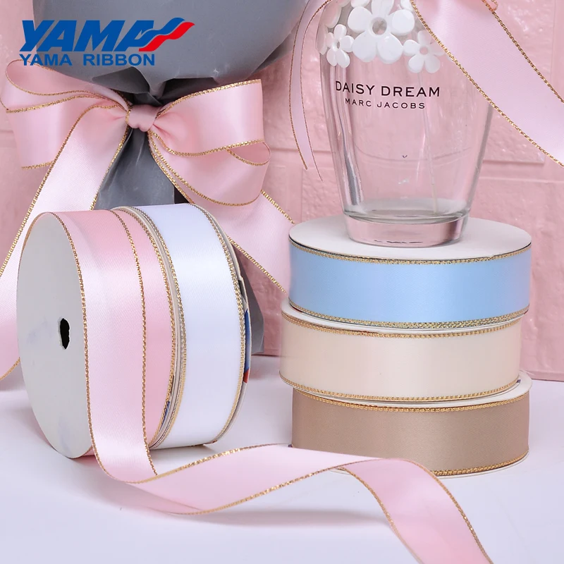 YAMA Gold Edge Satin Ribbon 0.25-1 inch 9 16 22 25 mm 100yards/lot for Diy Dress Accessory Wedding Decoration Gifts