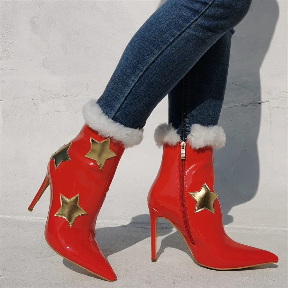 Kolnoo New Handmade Ladies Stiletto Heel Ankle Boots Christmas Style Five Stars Dress Booties Warm Fashion Winter Party Shoes