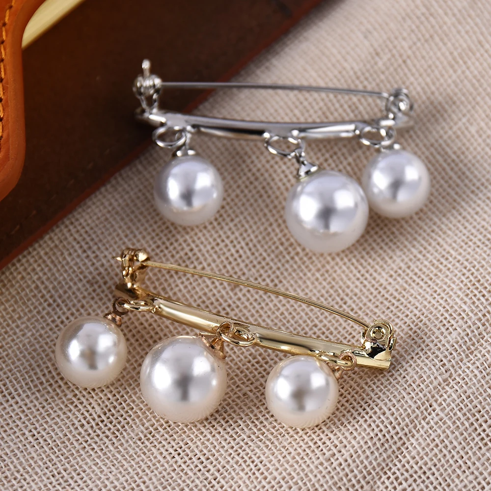 Fashion Pearl Fixed Strap Charm Safety Pin Brooch Sweater Cardigan Clip Chain Brooches Jewelry