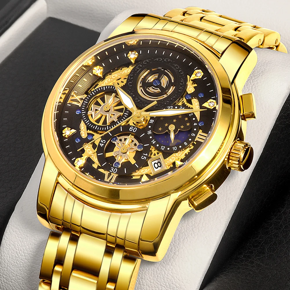 WWOOR 2024 New Fashion Design Mens Watches Top Brand Luxury Gold Stainless Steel Waterproof Sports Chronograph Relogio Masculino