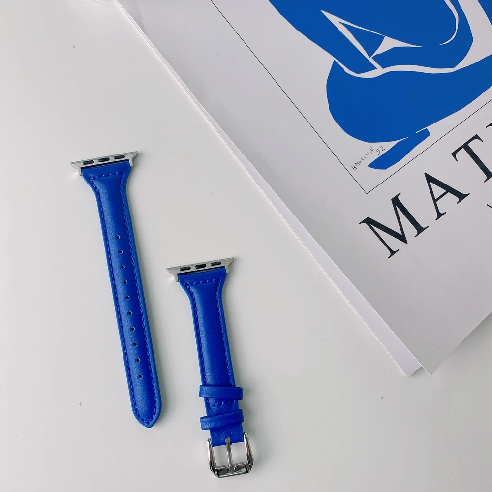 Leather Strap for Apple Watch Band Se7 6 5 4 3 2 1 Trendy Klein Blue Bracelet 38mm 40mm for iwatch Slim Correa 41/45mm 42mm Belt