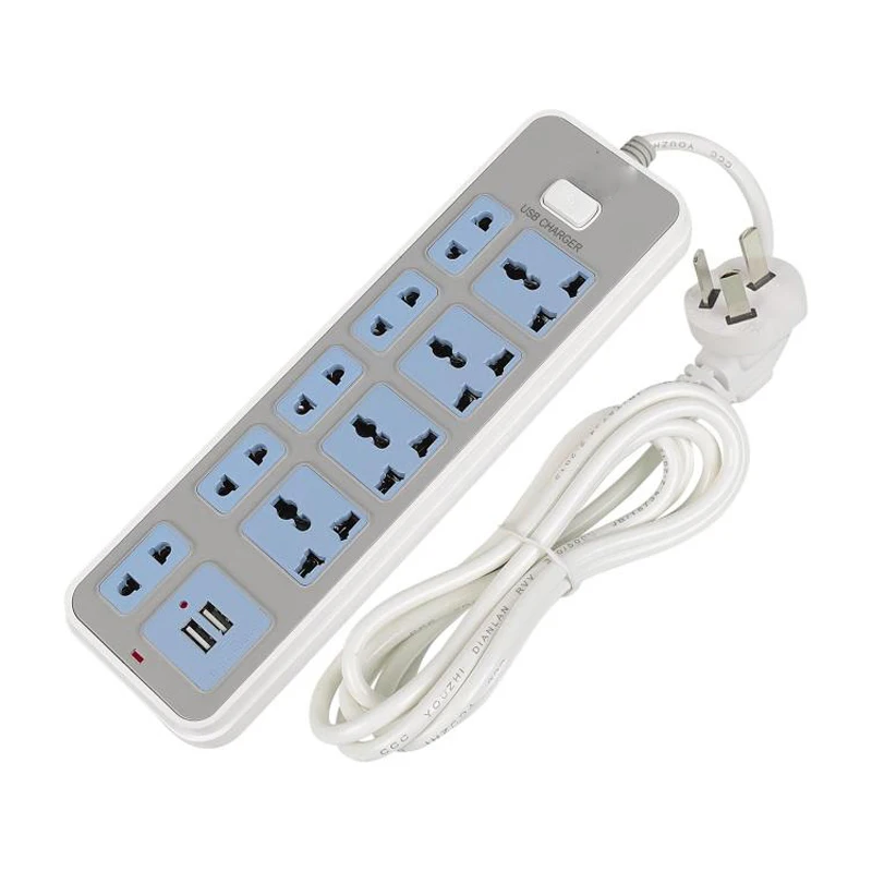 Power Strip 4AC Universal Outlets Plug 2USB 2m/6.4ft Extension Cord Individual Switched Overload Protection 2500W 10A Socket