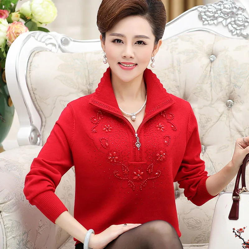 Large Size Middle-aged Women\'s Pullover Sweaters Autumn Long-sleeved Lapel Zipper Knitting Tops Casual Wool Sweater Coat W1786