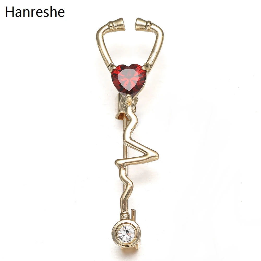 Fashion Medical Stethoscope Lapel Brooch Pin Inlaid Red Natural Zircon Heart Alloy Badge Pins Doctor Nurse Hospital Gift Jewelry