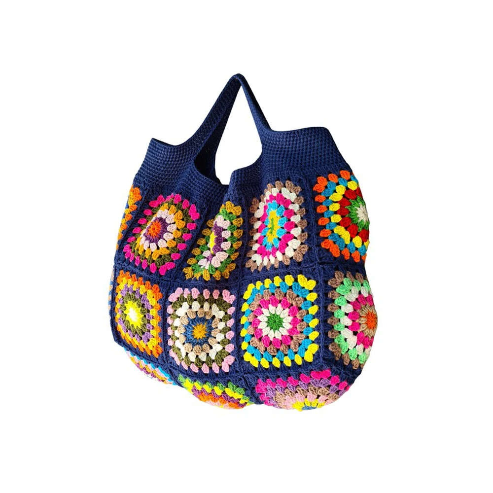 Dark Blue Women Handbags Colorful Boho Hippie Granny Square Woven Bags Vintage Handmade Crochet Kintted Cute Purse