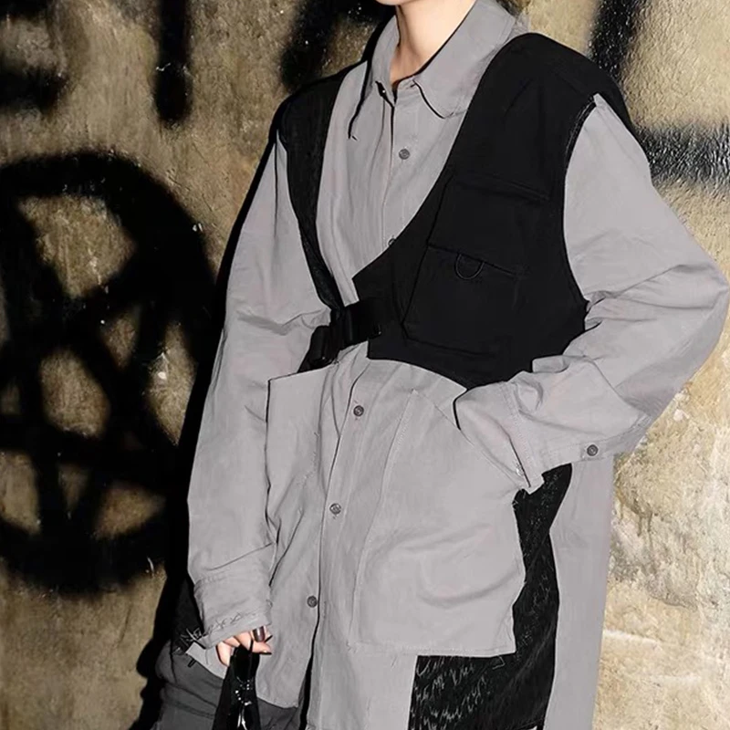 New Harajuku Rock One Shoulder Buckle Cool Vest for Men Women Streetwear Tactical Light Detachable Vest Accessory Black