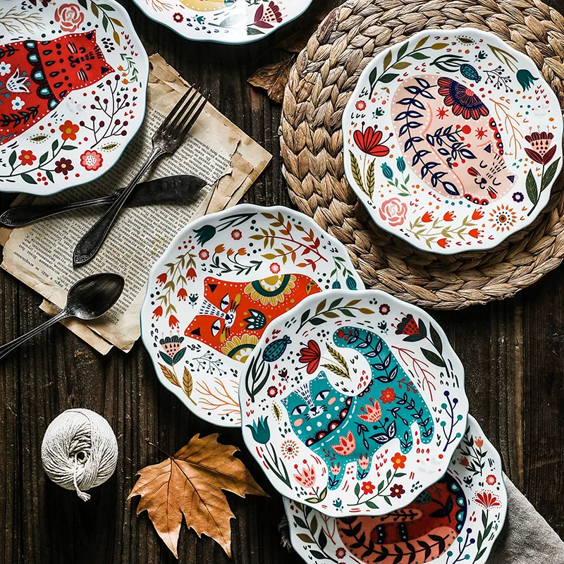 8 Inch Colorful Cat Dinner Plate Under-glazed Ceramic Dinner Dishes Dessert Tray Flower Kitten Dinnerware Microwave Safe