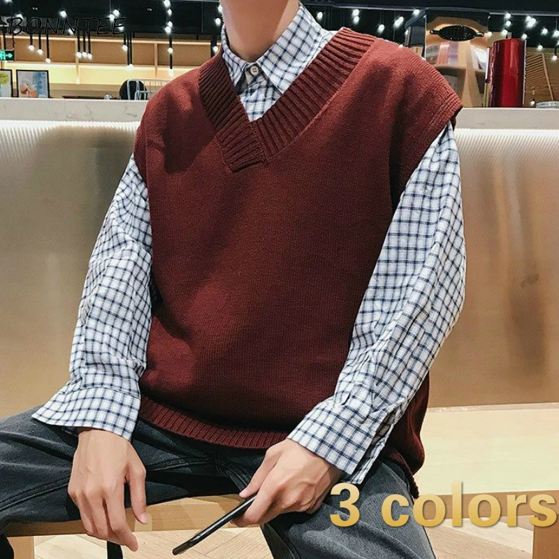 

Свитер-жилет для мужчин, однотонный, в консервативном стиле, повседневная уличная одежда, верхняя одежда, свитера без рукавов, мужские подростковые универсальные с v-образным вырезом, свободные винтажные шикарные