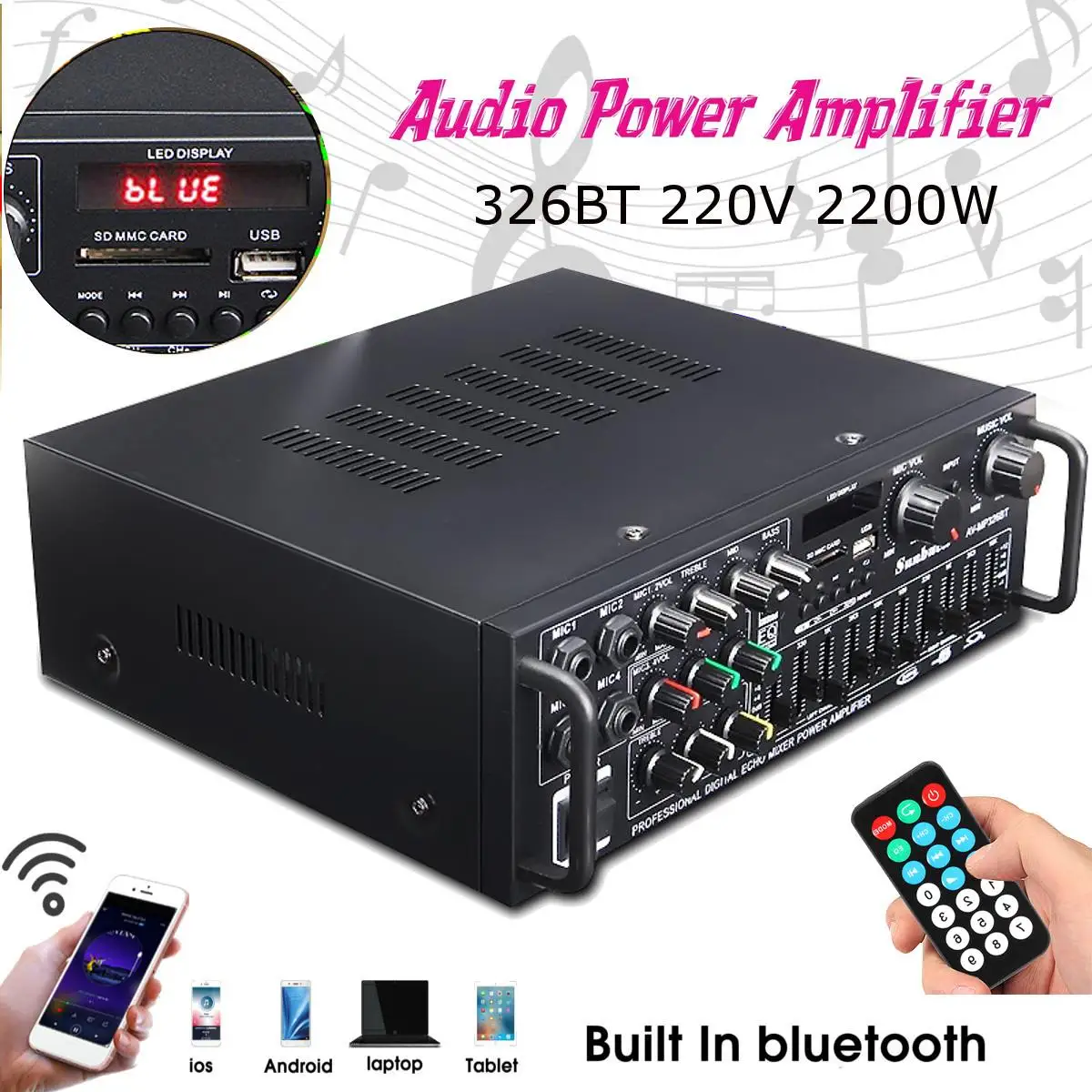 Big Sale 2000W HIFI Bluetooth Power Amplifier Car/Home Theater Digital Power Audio Amplificador for Speaker Control FM USB SD