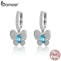 BAMOER Genuine 925 Sterling Silver Luminoso Sereno CZ DELLA Farfalla di Cristallo Orecchini A Pendaglio Per le donne Aggancio di Cerimonia Nuziale Dei Monili SCE513