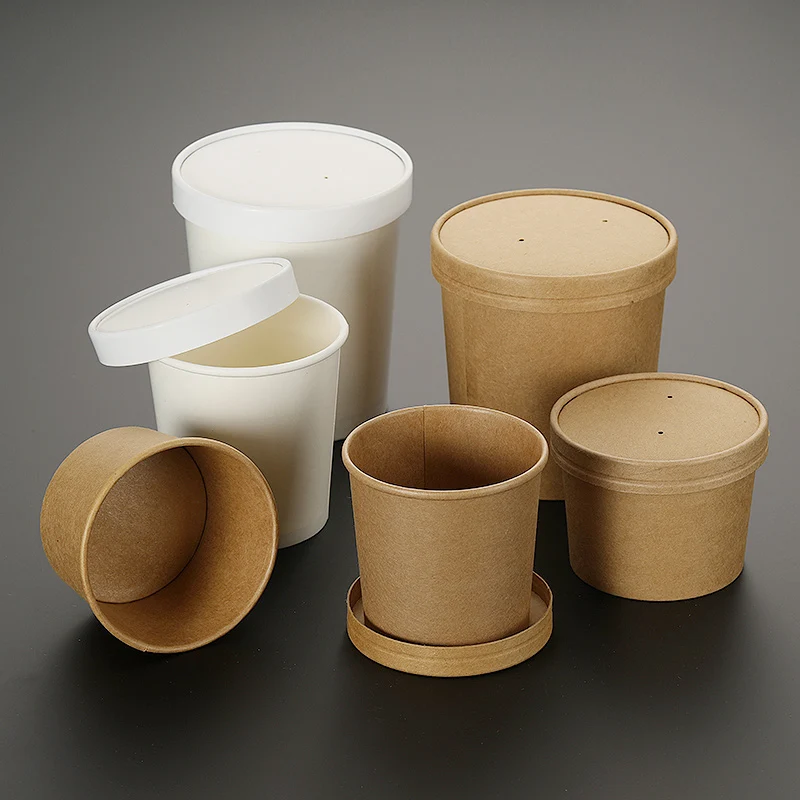 50pcs High quality white/yellow kraft paper disposable round soup cups 230ml/350ml/460ml food salad ice cream paper cup with lid