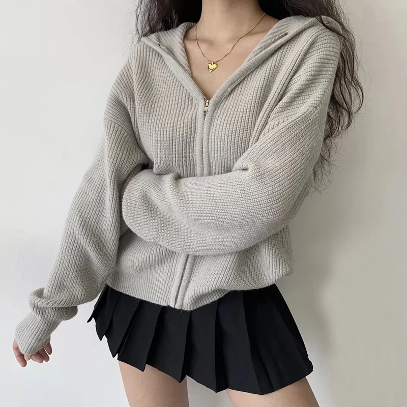 Women's Rib Slouchy Knit Hooded Cardigan, Drop Shoulder Chunky Hooded Zip Up Sweater