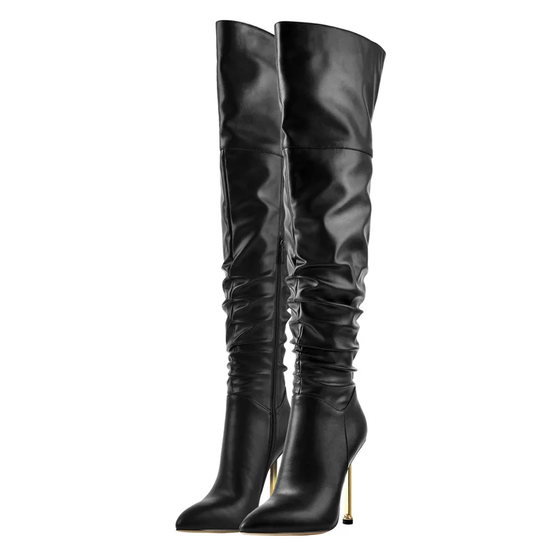 Onlymaker Women Pointed Toe Metal heel Black Matte Side Zip Knee High Boots Big Size Lady Fashion Classic Long Winter Boots