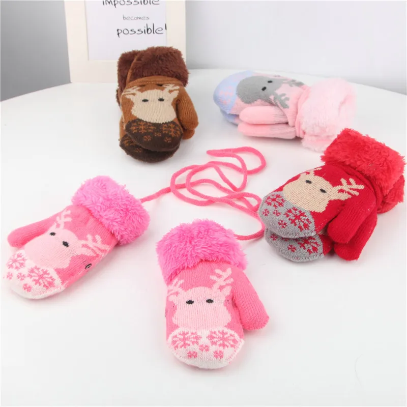 0-3T Children's Mittens Warm Thicken Velvet Kids Girls Boys Baby Gloves Knitted Winter Cartoon Elk Children Mitten Warm Stuff