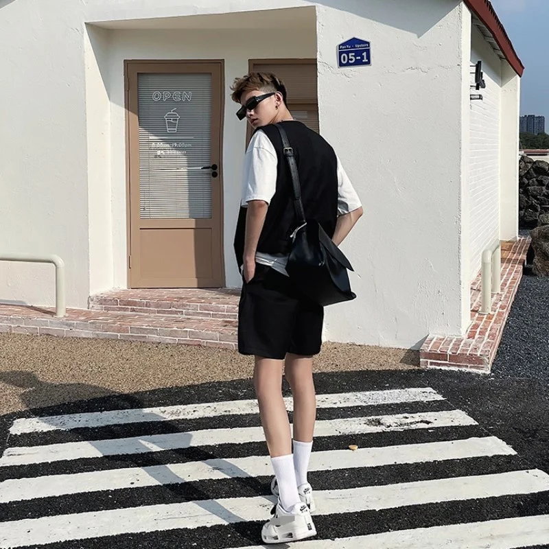 Style Korean Mens Vest Suit Shorts Matching Set Outfit Summer Suits Sets Loose Sleeveless Jacket Straight Shorts Two Piece Set