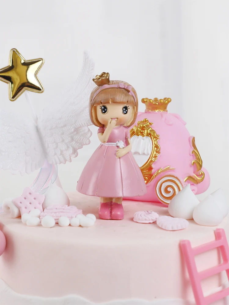 Pink Castle Girl Bow little Princess pumpkin car Girl's Happy Birthday Cake Topper Kid Party Supplies Pink Love Gifts view 4