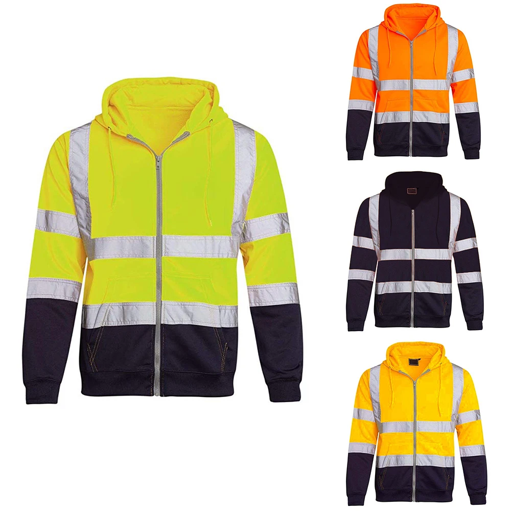 

Workwear Warm Reflective Sweatshirt Hooded Jacket Reflective Visibility Workwear Coat Color Block Workwear Cycling Safety Jacket