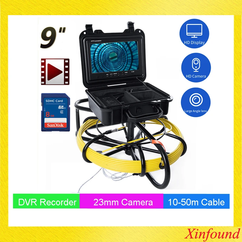 9Inch Pipe Inspection Camera 10/20/30/40/50M Sewer Camera with DVR 8GB Card Drain Industrial Endoscope IP68 8500MHA Battery