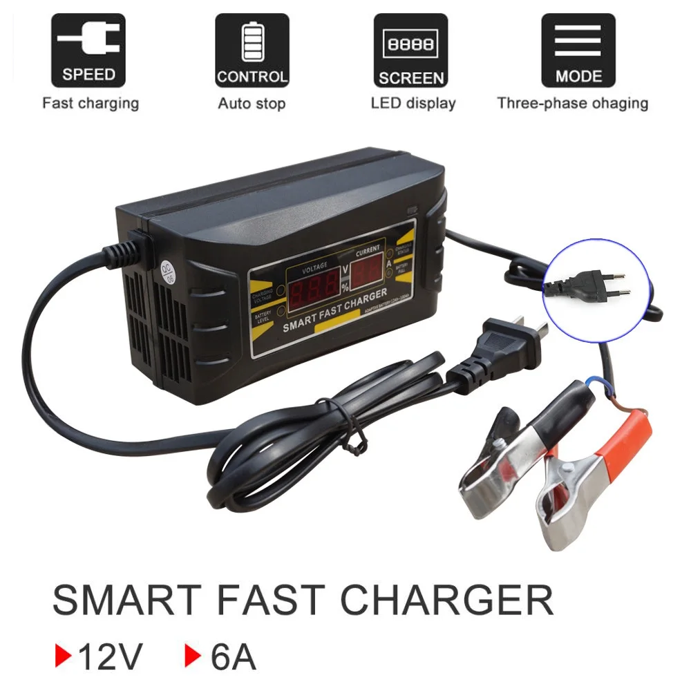 Portable 12V 6A Car Battery Charger AGM GEL Lead Acid Battery Charge 12 Volt Fully Automatic Charger For 75AH 80AH 90AH 100AH