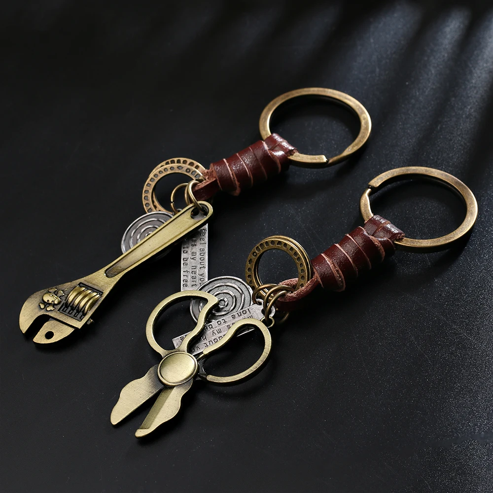 2024 Trend Jewelry Vintage Hand-woven Scissors Wrench Leather Keychain  Simple Alloy Accessories Men's Keychain