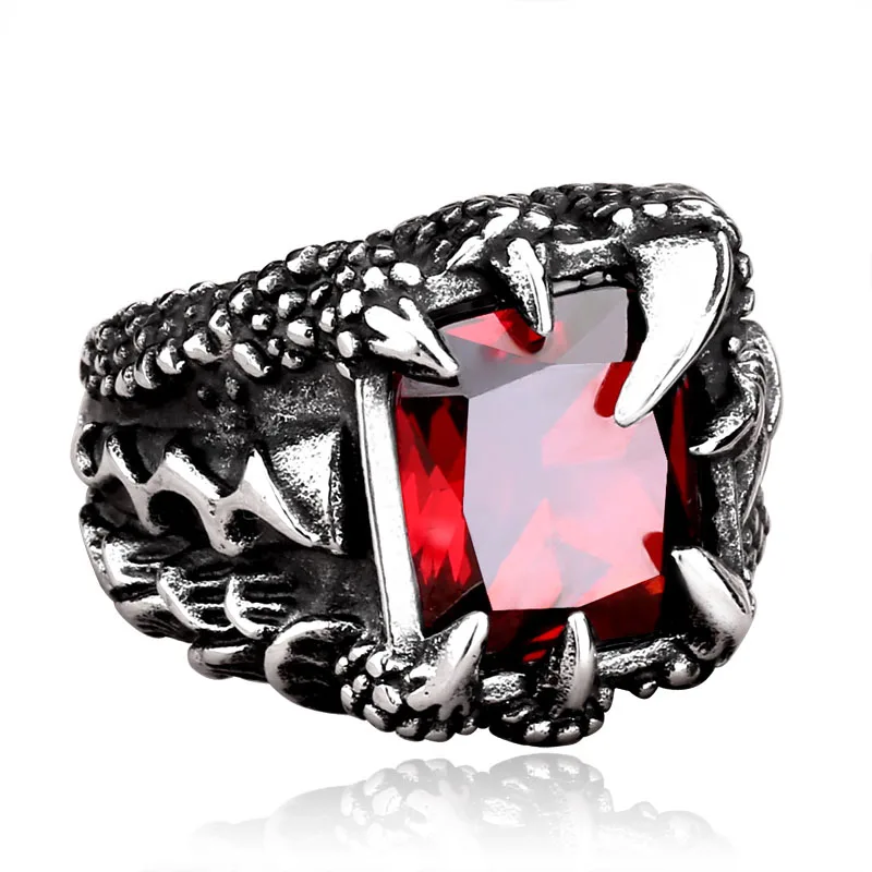 drop shipping exqusite Dragon Claw Ring With Red Blue Black Stone Stainless Steel jewelry for men