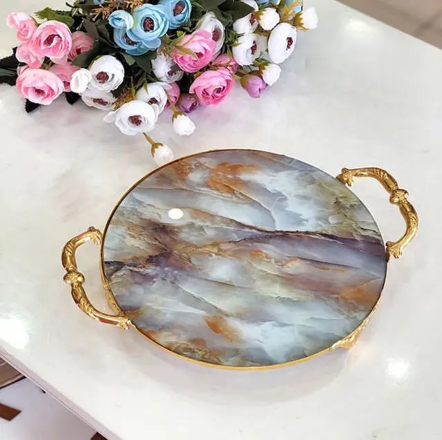 DOLBOVI Deal Product Marble Pattern Metal Handle Presentation tray, Decorative tray tray поднос plateau de service