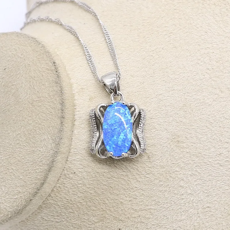 925 Sterling Silver Blue Opal Bridal Jewelry Sets For Women Necklace Earrings Pendants Ring Sets For Birthdays Gift