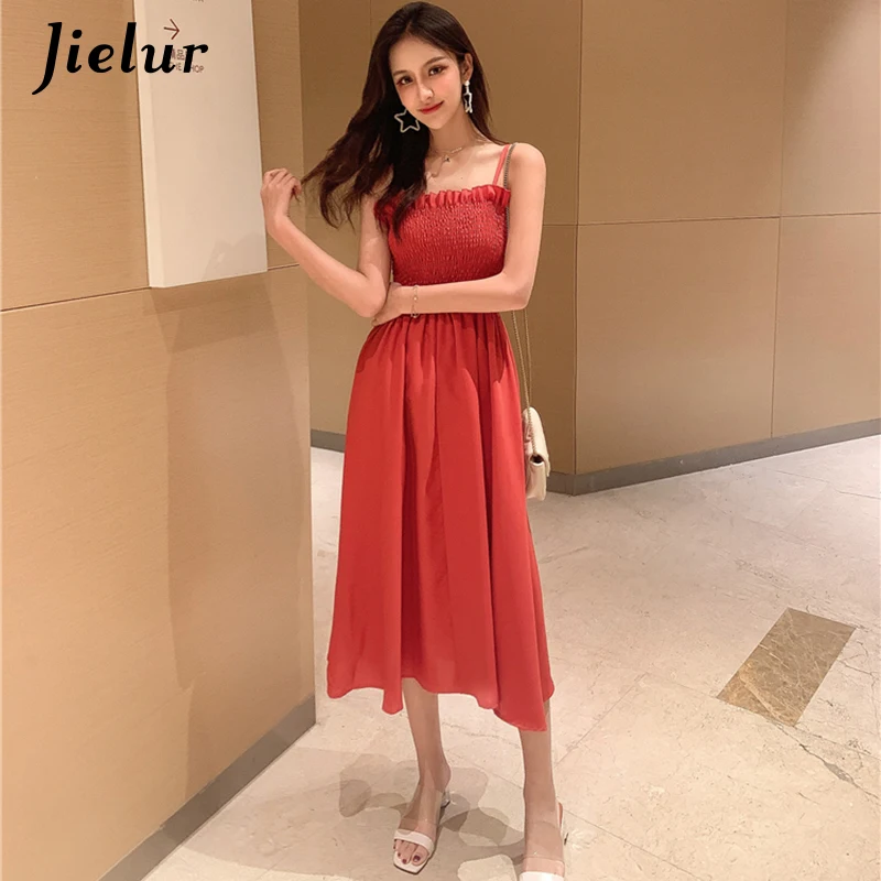 

Jielur 2021 Summer Dresses Women Solid Color Slim Spaghetti Strap Fashion Red Dress S-XL Female Sexy Retro Elegant Robe Femme