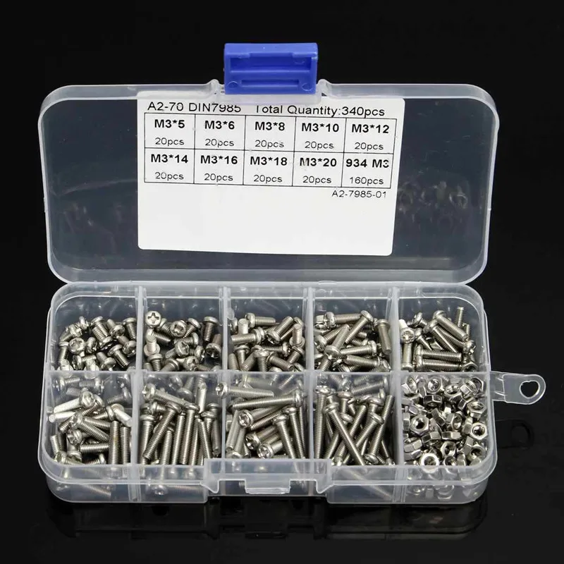 340pcs M3 Cross Head Bolt Nut A2-70 304 Stainless Steel Cap Screw Fastener Phillips Machine Screw Assorted Kit