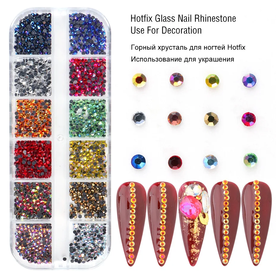 12 Grid Colorful Crystal Nail Full Color AB Color Mixed Size Luminous Glass Nail Sticker Diamond Rhinestones Nail Art Decoration