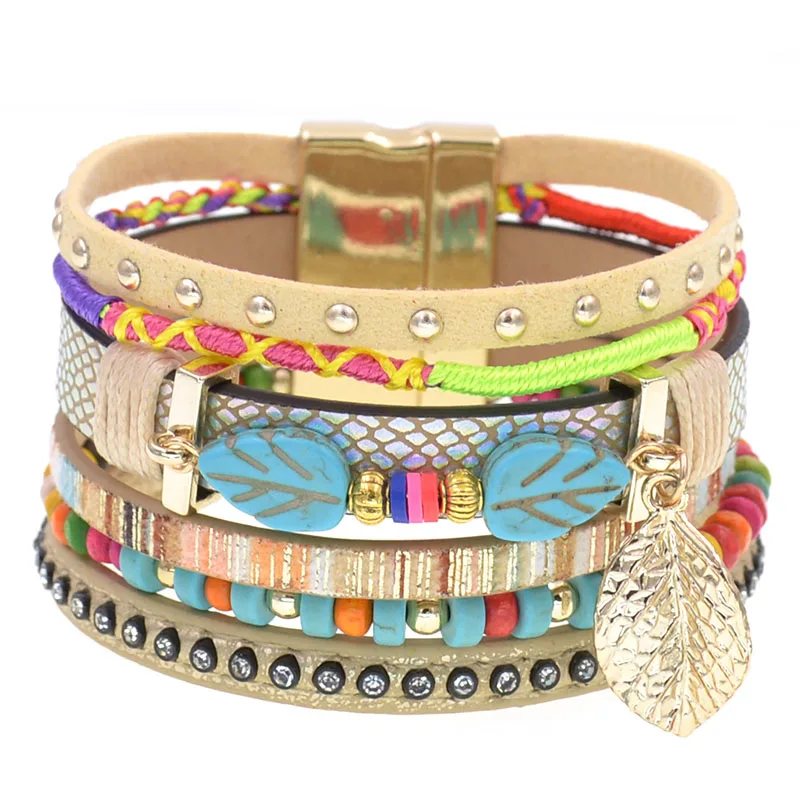 WELLMORE colorful bohemia bracelets for women leaf stone beaded leather bracelet charm Bracelets Female fashion Jewelry