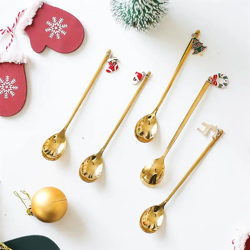 6pcs Creative Gold Christmas Spoon Long Handle Coffee spoons Xmas Gift Silverware Stainless Steel Teaspoon Children Cutlery