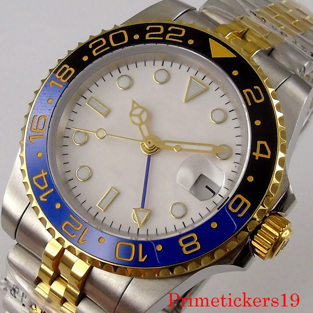 

New 40mm bliger white dial date indicator sapphire crystal GMT function gold plated case rotating bezel automatic men wristwatch