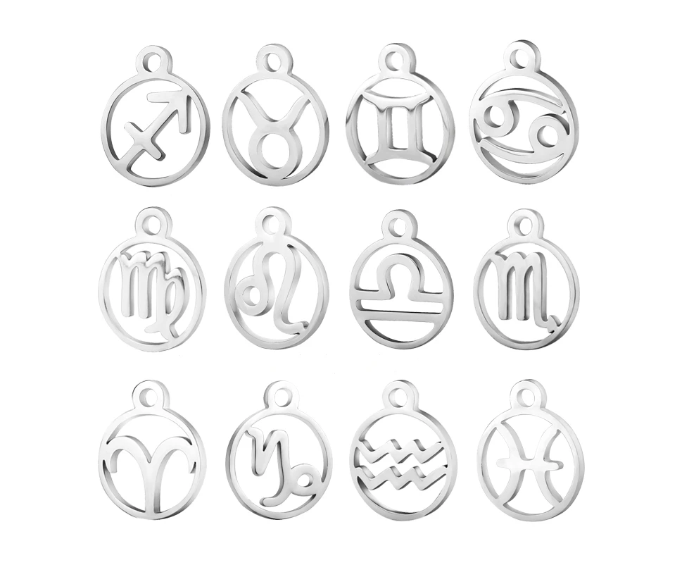 12pcs/lot Stainless Steel Laser Zodiac Sign Charms Steel Horoscope Icon DIY Metal for Bracelet Necklace Jewelry Making Tag