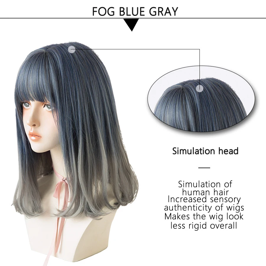 7JHH WIGS Medium Length Omber Blue Gray Wigs With Fluffy Bangs Synthetic Straight Colourful Hair Wig For Women Beginner Friendly