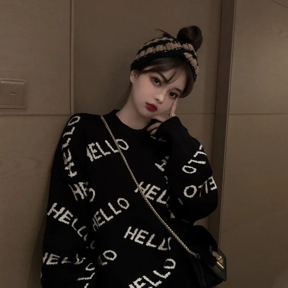 2023 Autumn Winter Black And Green Letter Printed Knit Pullover Sweaters Women Streetwear Loose Oversized Jumper Female Top