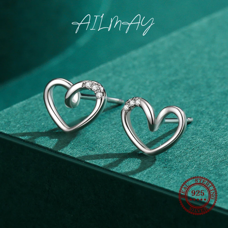 Ailmay Genuine 925 Sterling Silver Simple Romantic Heart Design Stud Earrings For Women Wedding Statement Fine Silver Jewelry