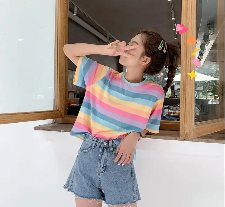 New Summer casual tshirt rainbow striped short sleeve  women t-shirt tops Harajuku Korean Style Girls female Tees