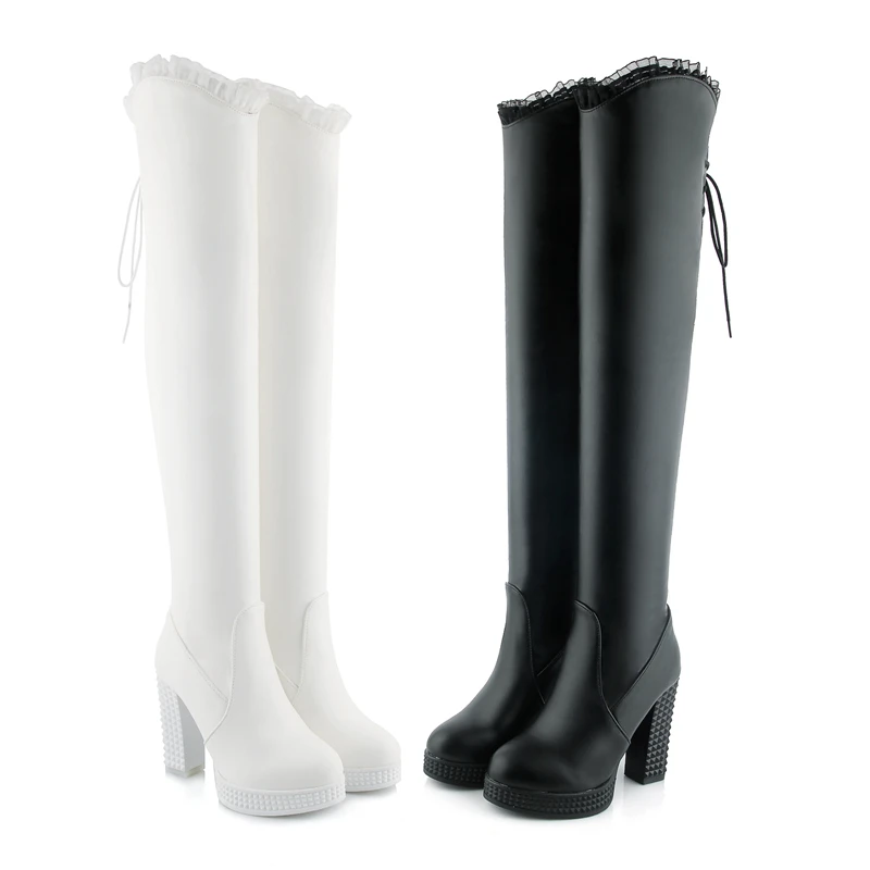 Doce branco botas longas do sexo feminino 2021 inverno novos saltos altos sobre o joelho botas femininas rendas-up coxa botas altas senhoras sapatos de moda