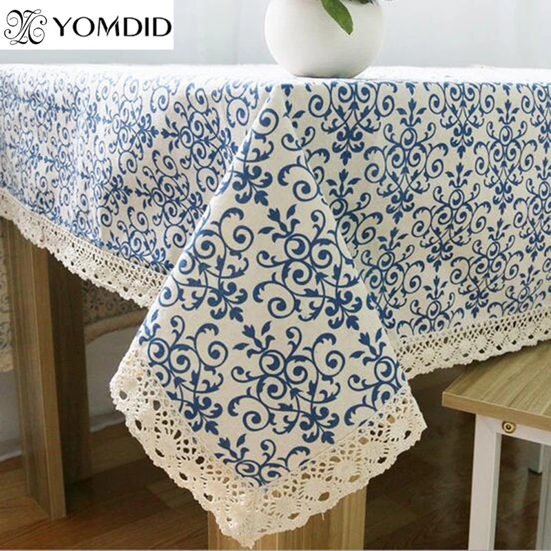 Mantel de encaje Retro con flores azules, mantel de algodón de estilo chino, mantel de comedor Rectangular para mesa de Picnic