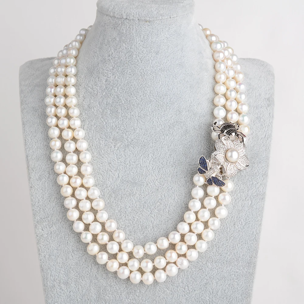 

3 Strands 8-9MM Round White Pearl CZ Connector Necklace