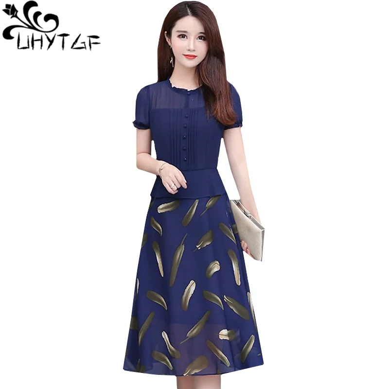 

UHYTGF sundresses for women summer dress fashion chiffon elegant dress middle-aged mother short sleeve thin big size dress 1682