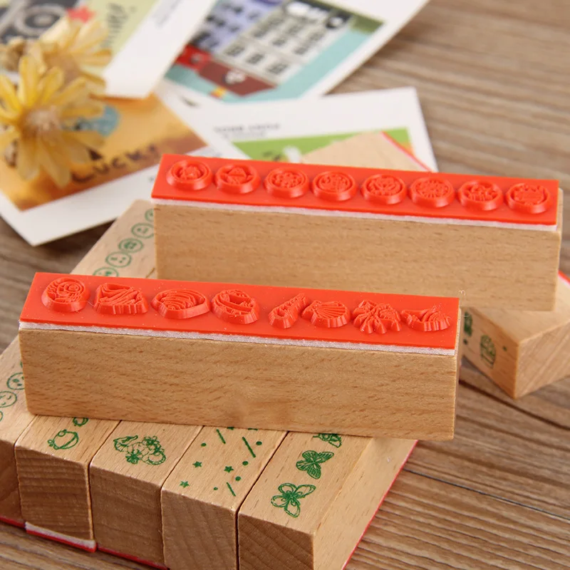 1Pack Wooden seal long stamp DIY cartoon hand account student creative material handmade stamp Square Butterfly animal