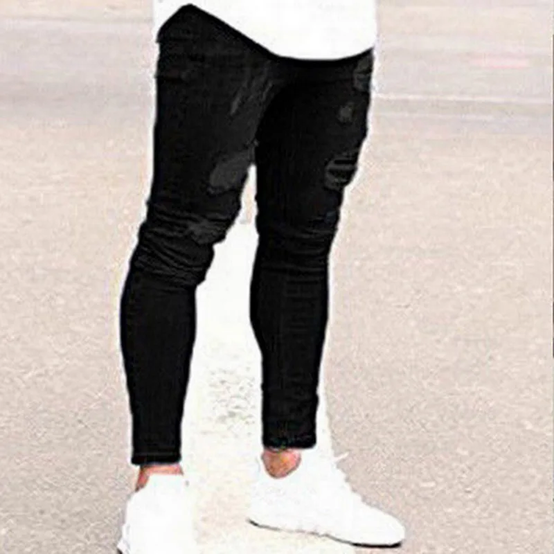 

Pencil Pants Elastic Sweatpants Men Fit Solid Ripped Denim Harem Pants Casual Black Blue White Destroyed Jeans Pants