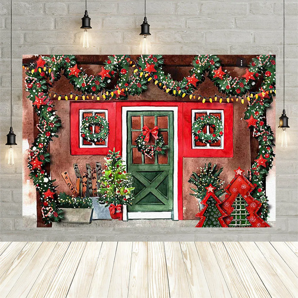 Avezano عيد الميلاد مخزن التصوير خلفية نافذة حمراء خضراء شجر صنوبر صورة خلفية استوديو Photophone فوتوزون