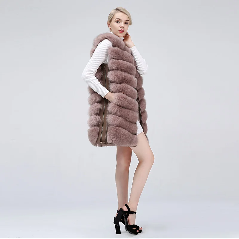 Natural Women\'s Fox Fur Coat Vest New Zipper Long Coat Winter Warm Coat Natural Fur True Fox Vest Jacket Free Shipping