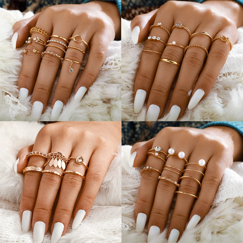 Tocona Edgy Tassel Moon Joint Rings Sets Shiny Crystal Stone Pearl Heart Coin Geometric Open Boho Jewelry for Women Men кольца